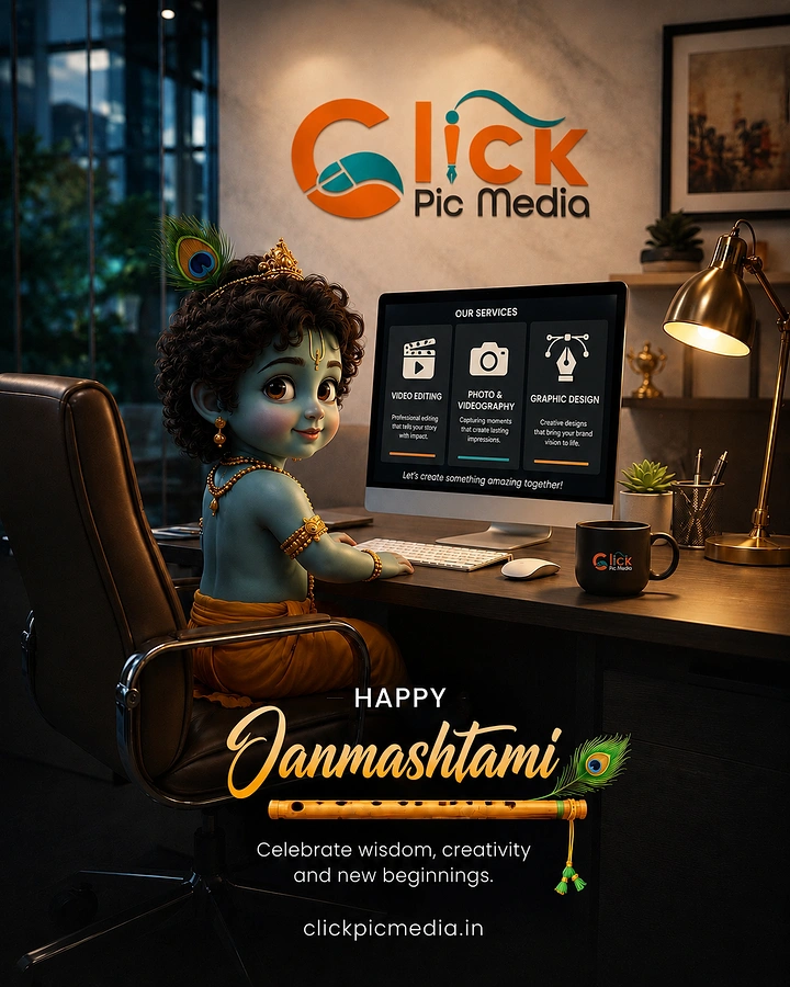 Janmashtami creative ad: 3D baby Krishna working at an office desk computer