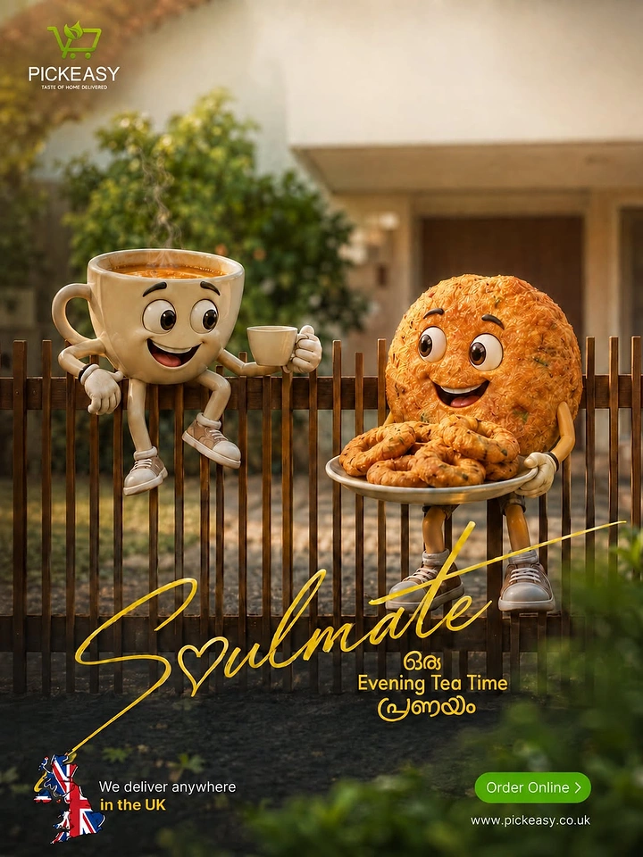 Cloud Kitchens & Food Trucks creative ad: Cup and snack characters as soulmates
