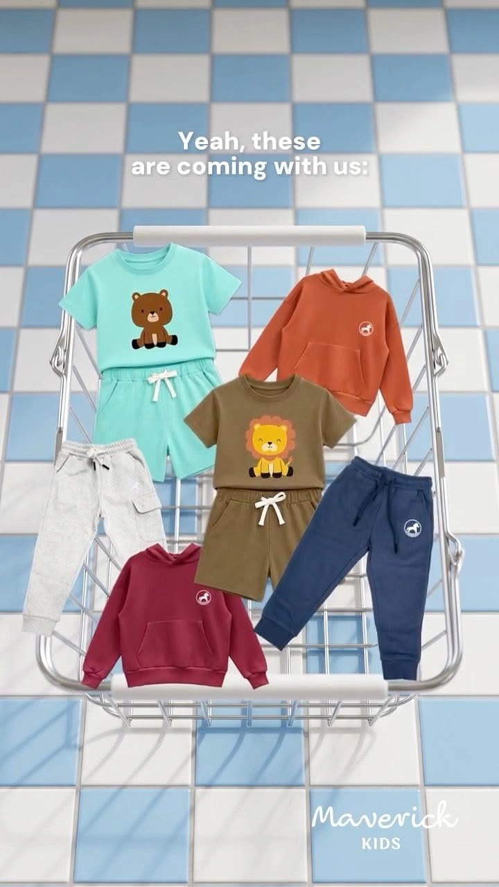 Kids Clothing creative ad: Clothes in shopping cart, 'coming with us'