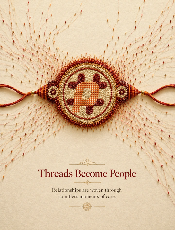 Raksha Bandhan creative ad: Beaded rakhi with an emblem centre, threads radiating outward like a network