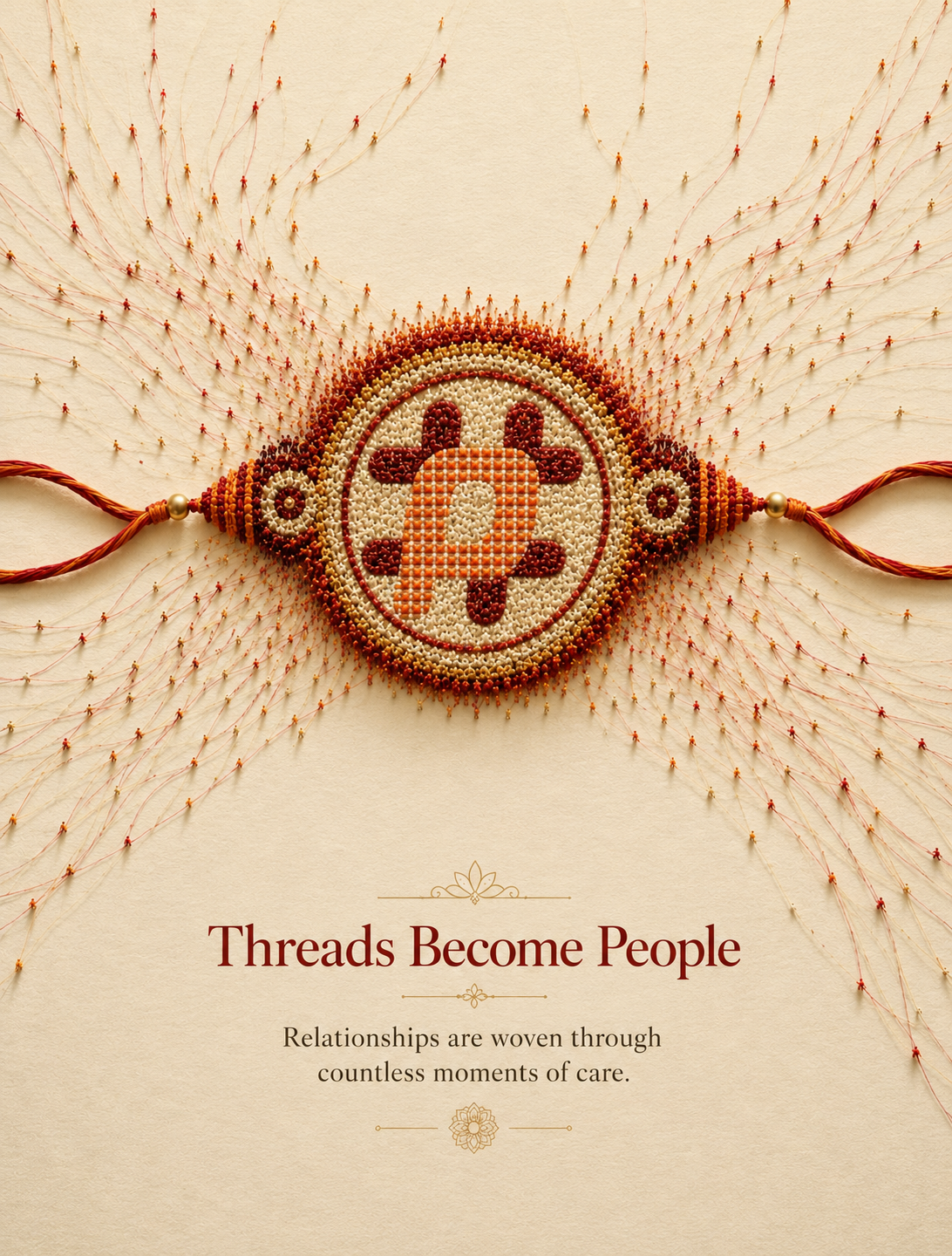 Beaded rakhi with an emblem centre, threads radiating outward like a network