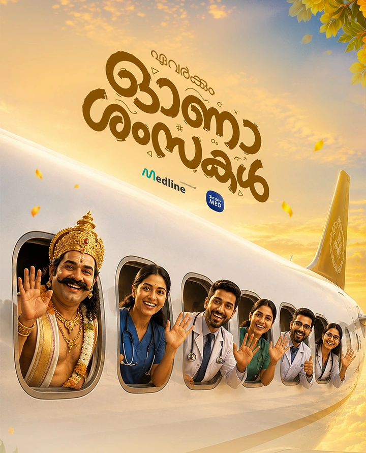 Onam creative ad: Mahabali and medical professionals waving from airplane windows