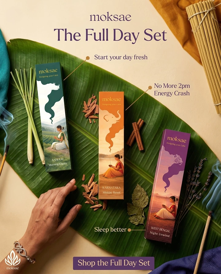 Creative ad: Three illustrated incense boxes laid flat on a banana leaf