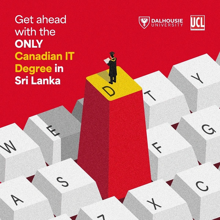 Creative ad: Graduate standing on top of a raised keyboard key