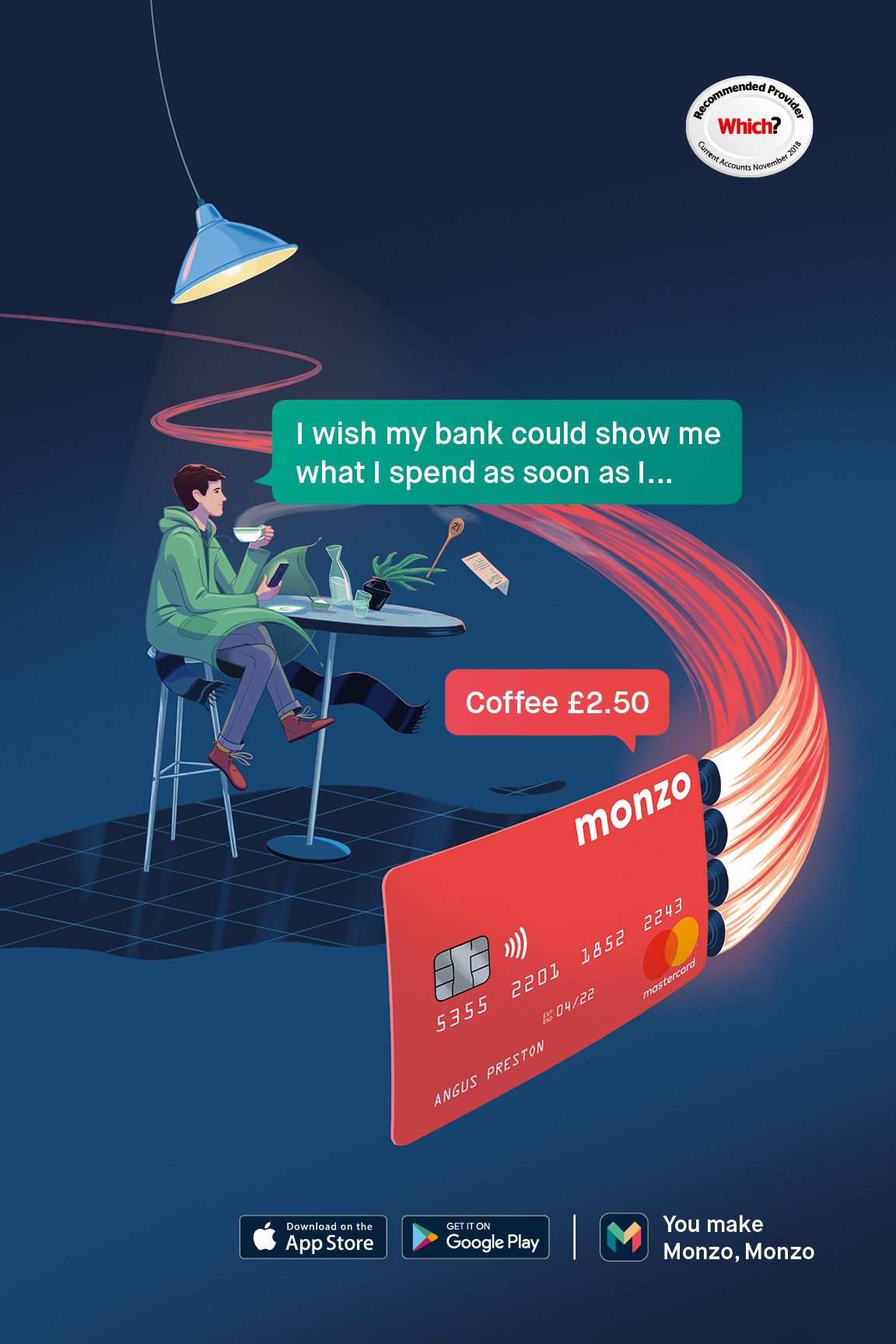Man at café table with a red bank card trailing a glowing light streak