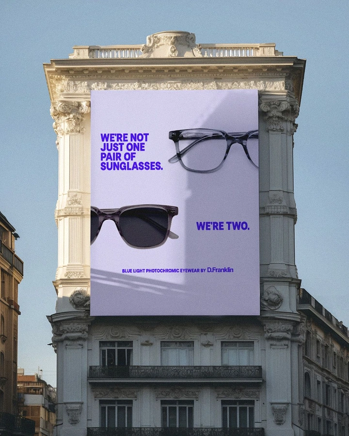 Creative ad: Clear-lens glasses and tinted sunglasses on a lavender billboard