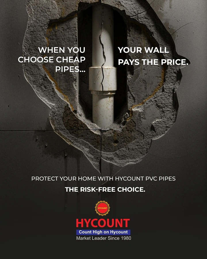 Plumbers creative ad: Cracked wall exposing cracked cheap pipe