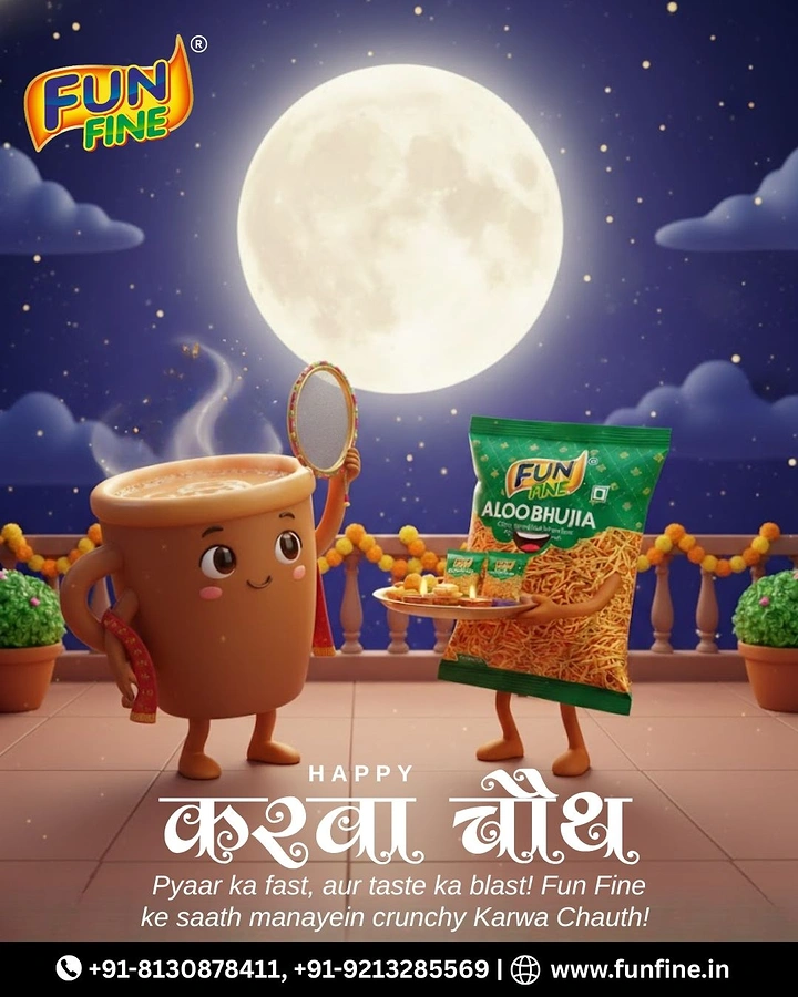 Karwa Chauth creative ad: Chai and snack characters performing moon ritual