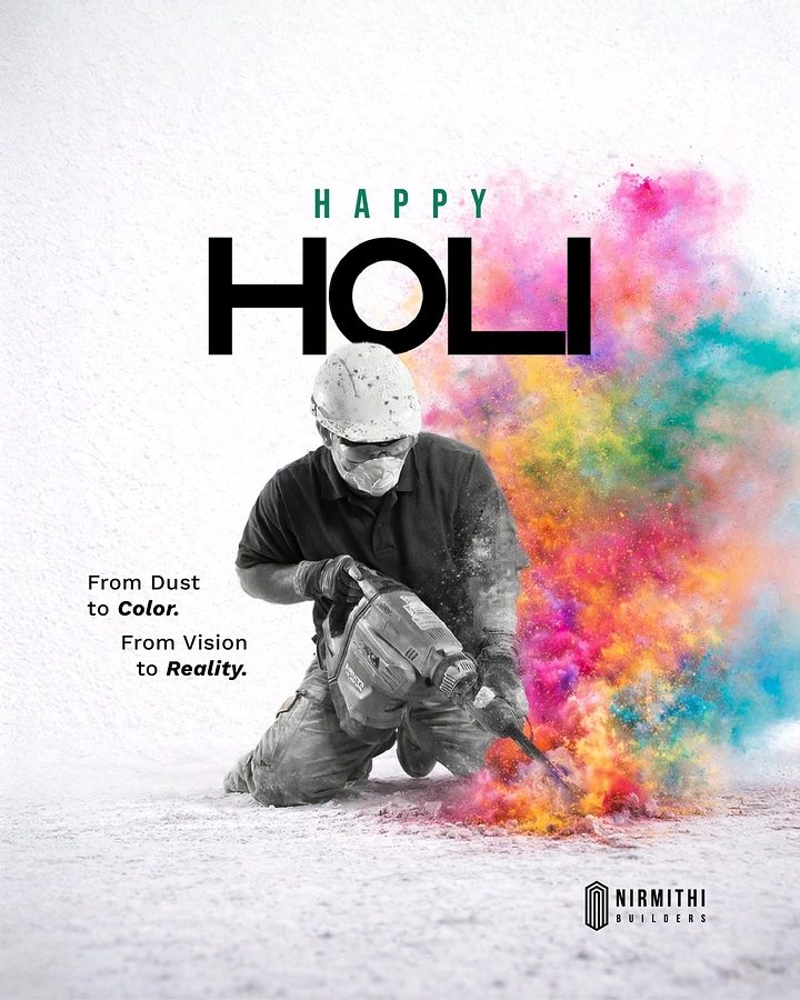 Holi creative ad: Monochrome construction worker drilling as dust turns into rainbow gulal