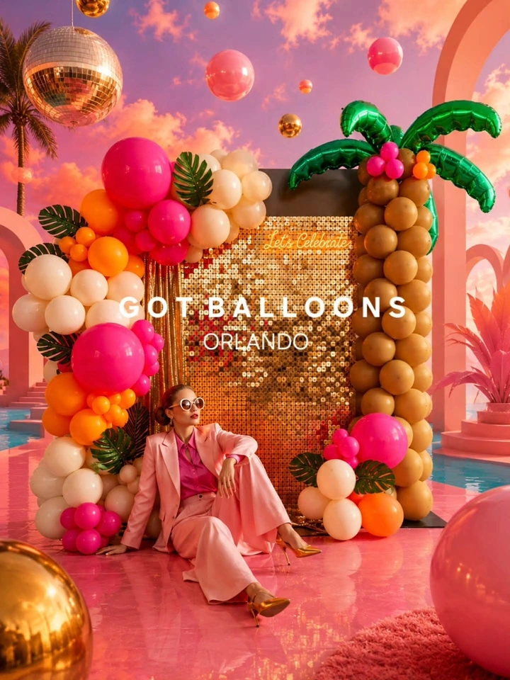 Balloon & Party Decorators creative ad: Tropical party scene built from balloons