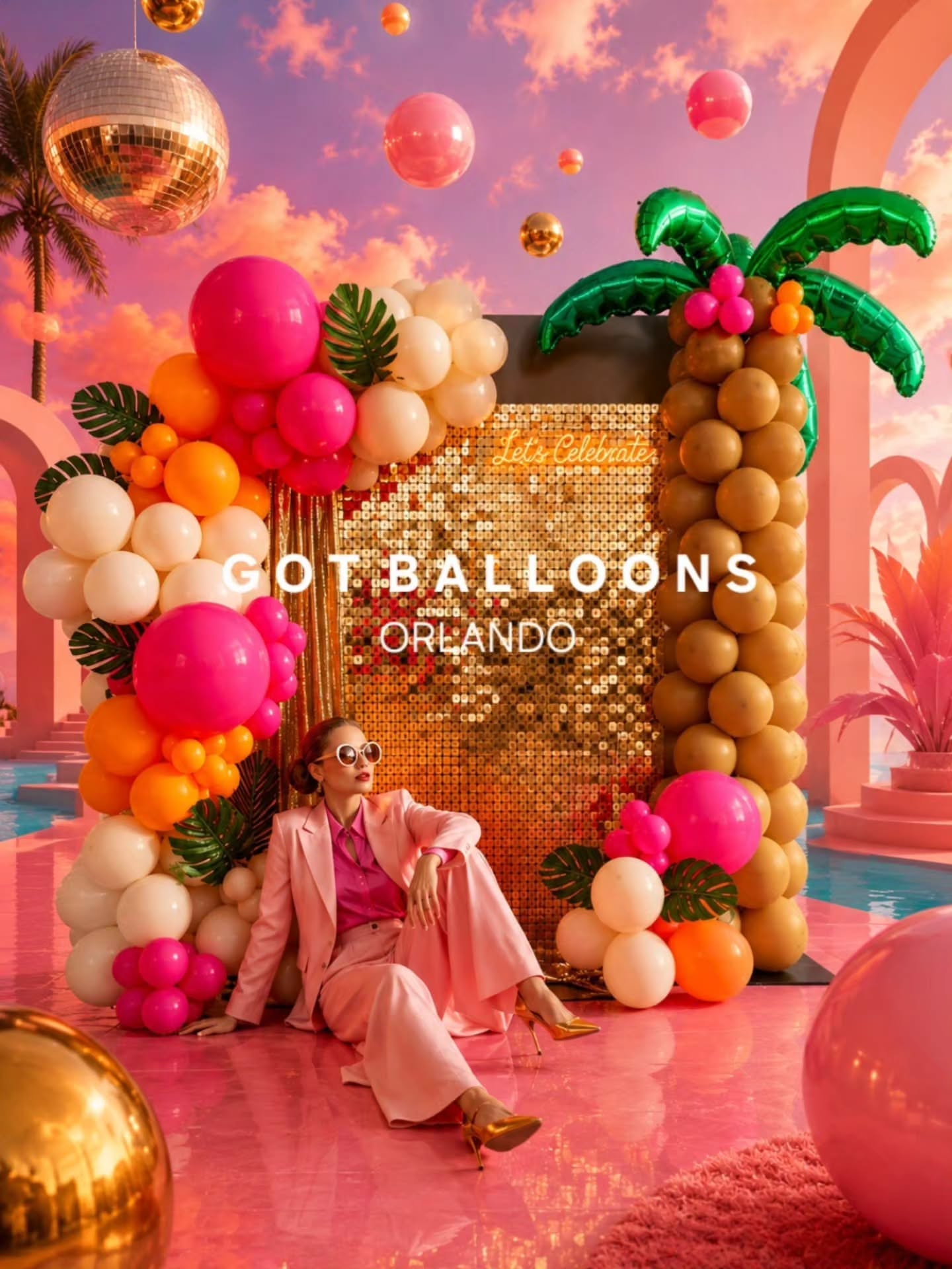 Instagram post: Tropical party scene built from balloons, slide 1