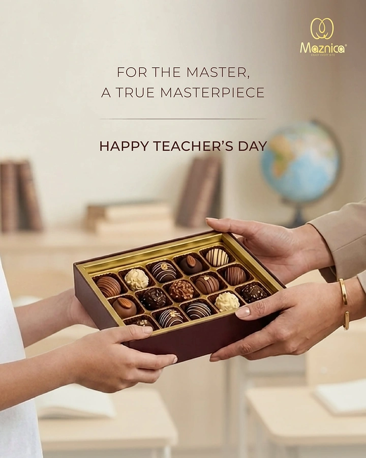 Teachers Day creative ad: Hands passing an open box of assorted truffles