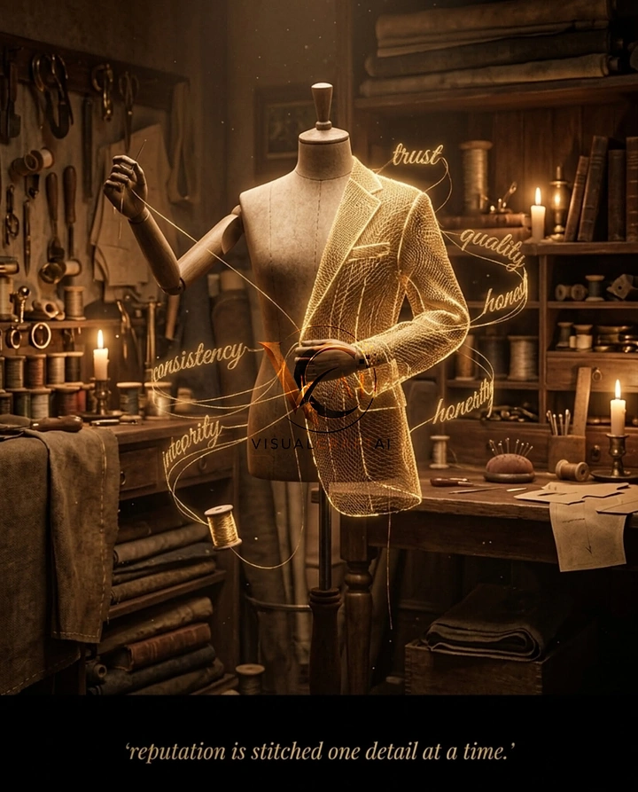 Tailors & Alterations creative ad: Glowing thread spells tailoring values on mannequin