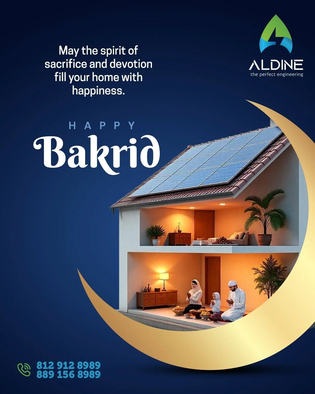 Cutaway two-storey house with rooftop solar, family praying, cradled in a gold crescent