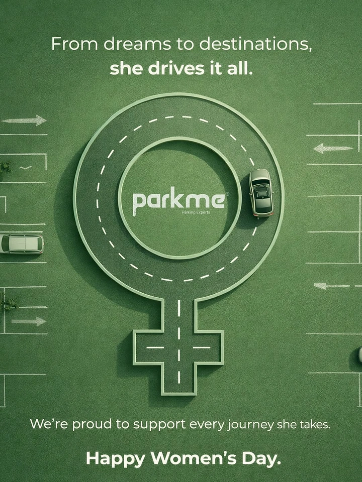 Women's Day creative ad: Aerial view of a road shaped like the female symbol with a car driving on it