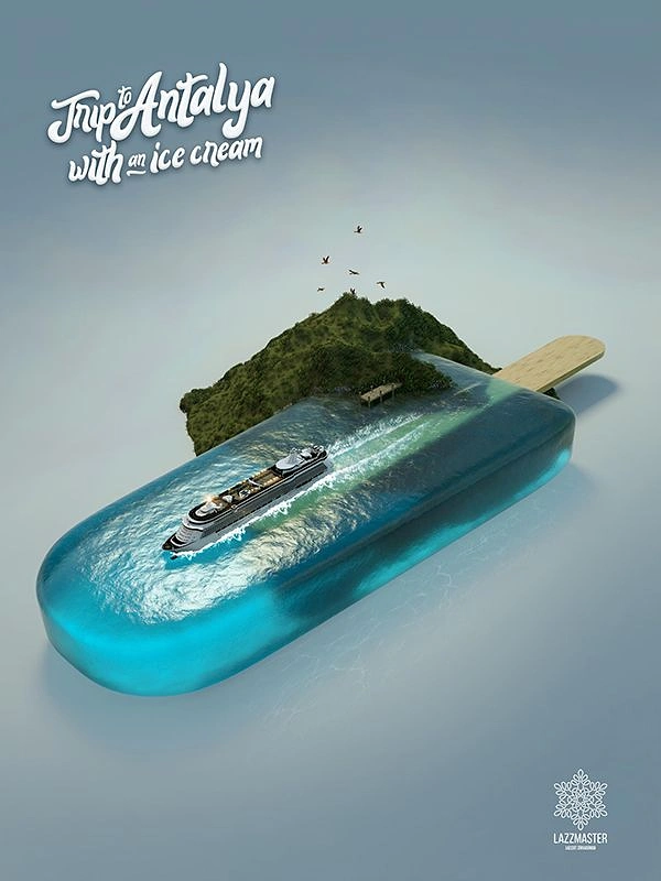 Travel creative ad: Translucent blue popsicle turned into a sea with a cruise ship and island