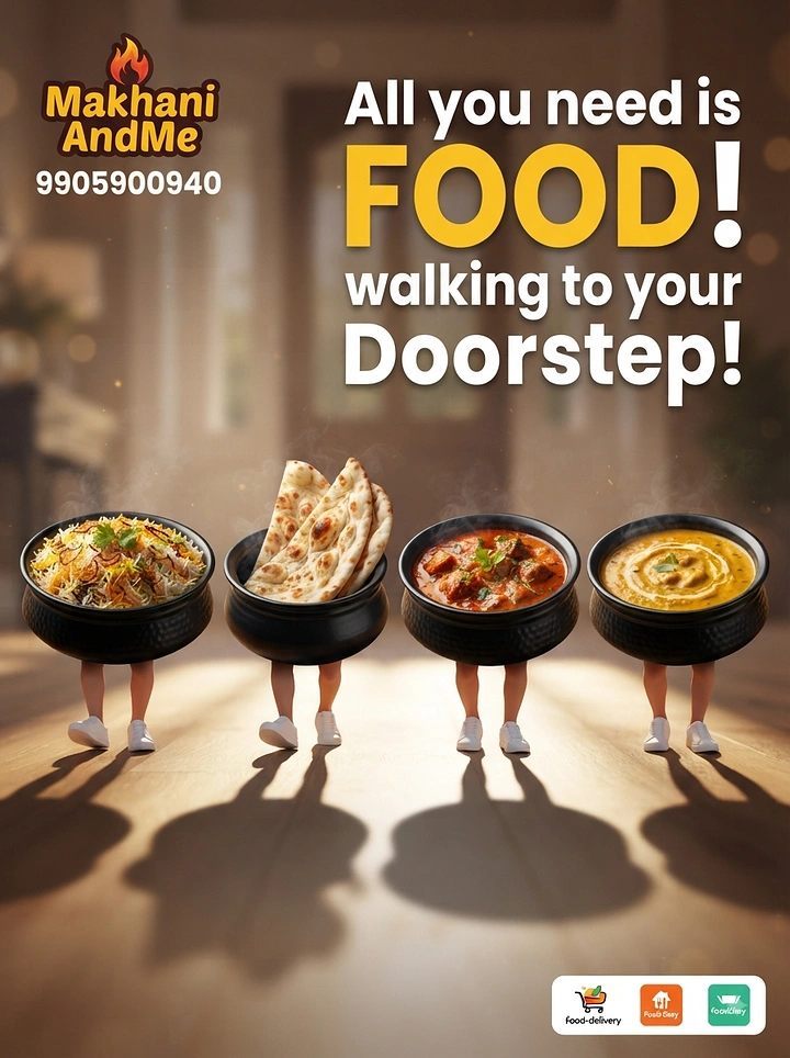 Food Delivery Apps creative ad: Dishes humorously walk to doorstep