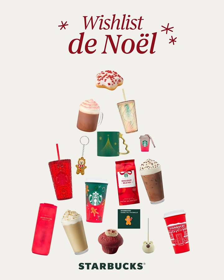 Christmas creative ad: Holiday drinks and merchandise arranged into a Christmas tree