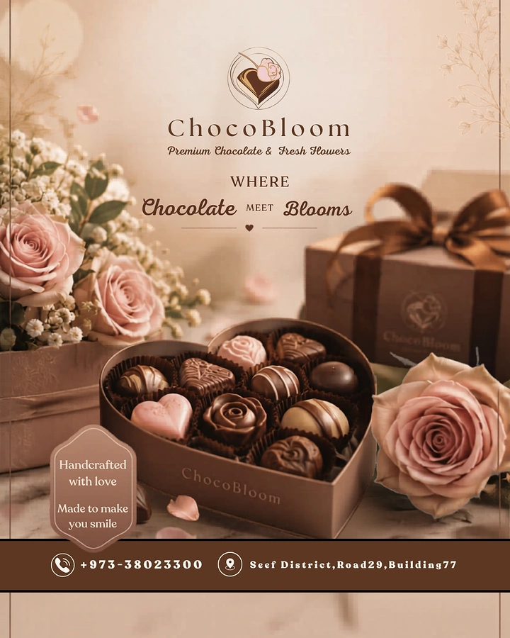 Valentine's Day creative ad: Heart-shaped chocolate assortment surrounded by roses and gifts