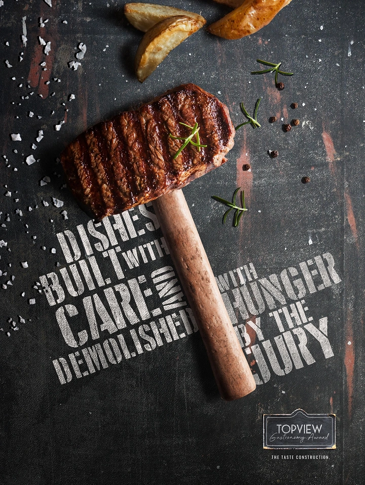 BBQ & Grill Restaurants creative ad: Steak-as-construction visual with witty copy