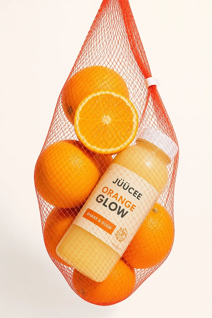 Juice Bars & Smoothies creative ad: Orange juice bottle nestled among oranges in a red mesh bag