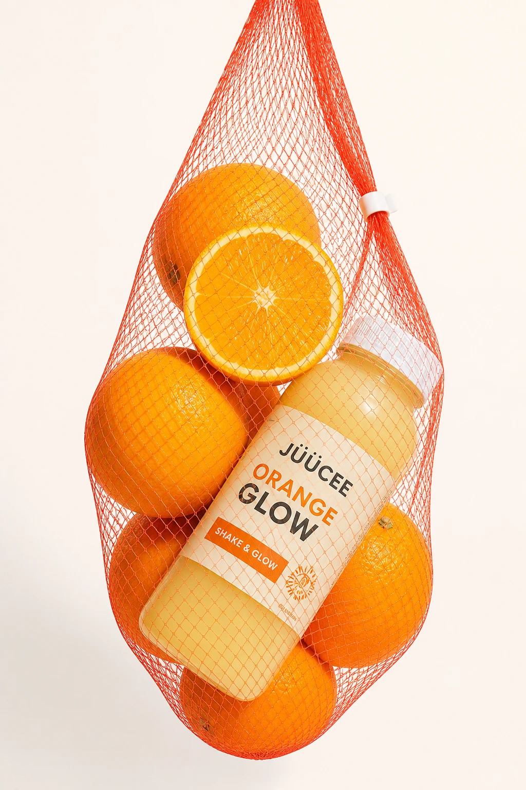 Poster: Orange juice bottle nestled among oranges in a red mesh bag