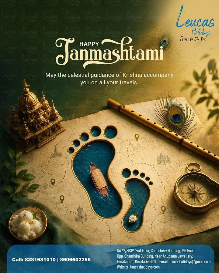 Janmashtami creative ad: Krishna footprints cut into a vintage map, filled with blue water and a houseboat