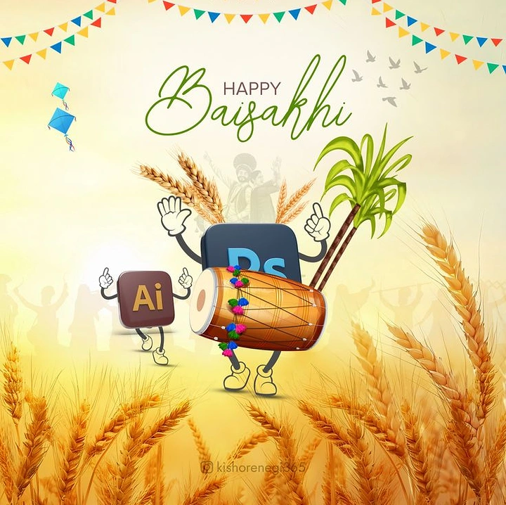 other-festival creative ad: Cartoon app-icon characters with gloved hands dancing with a dhol in a wheat field