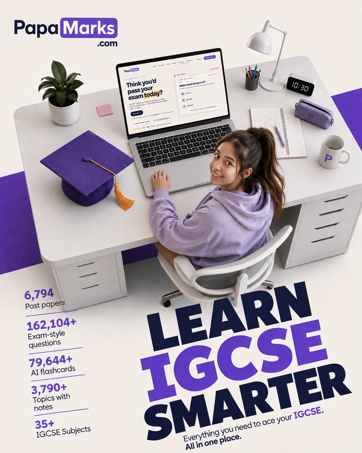 Instagram post: High-angle view of a student at a white desk using a laptop with the study platform on screen