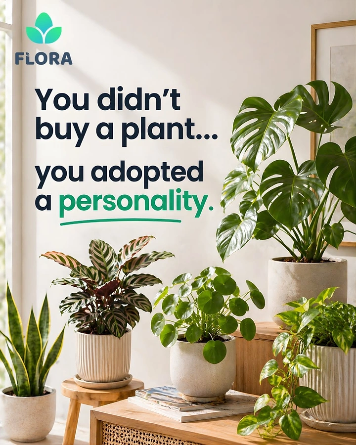 Plant Shops & Nurseries creative ad: Cluster of assorted houseplants in textured pots in a sunlit corner