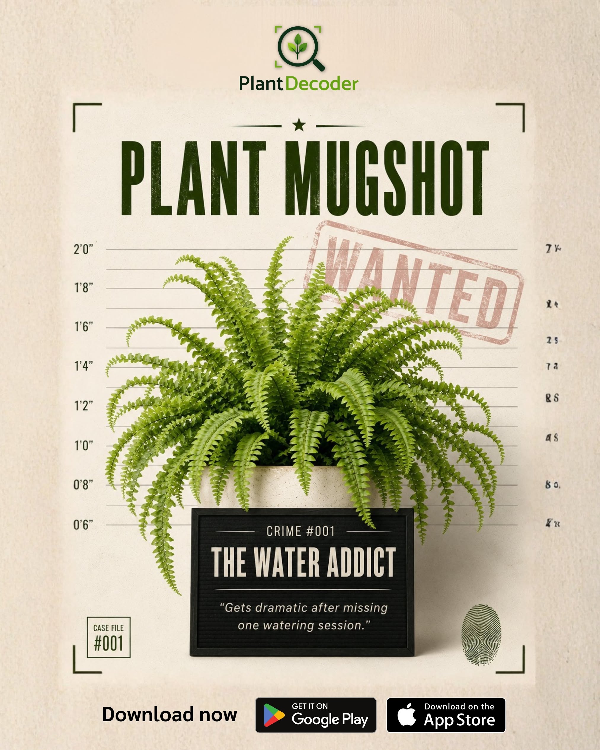 Instagram post: Potted Boston fern posed as a criminal in a police mugshot lineup