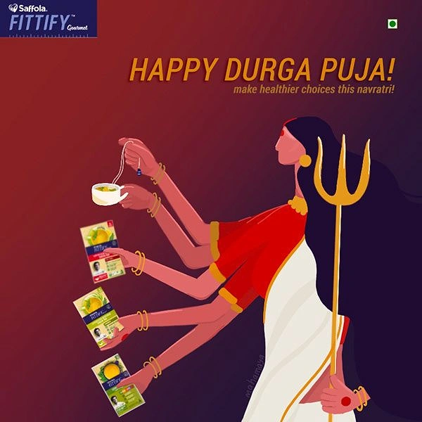 Durga Puja creative ad: Flat illustrated multi-armed goddess holding product packs and a tea cup