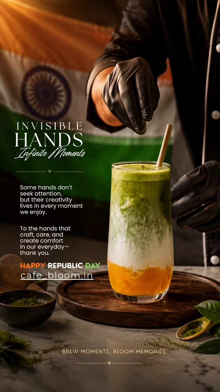 Republic Day creative ad: Tricolour layered matcha drink being garnished by gloved hands