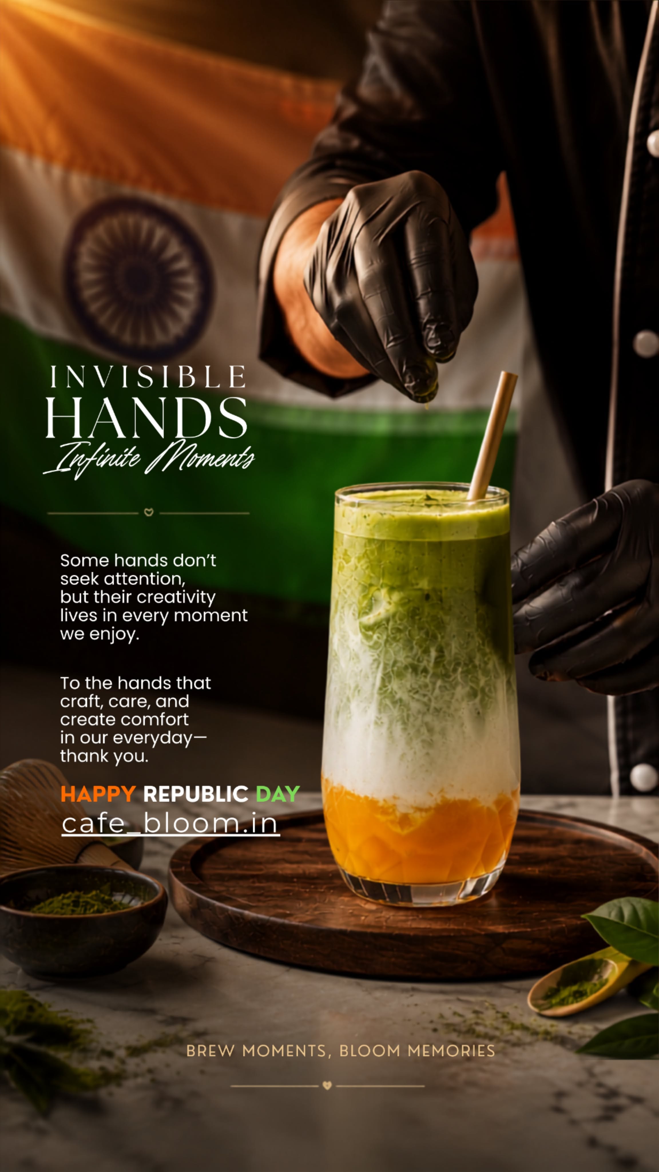 Republic Day Story: Tricolour layered matcha drink being garnished by gloved hands