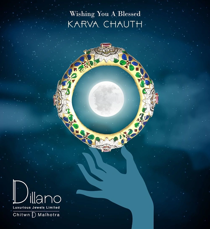 Karwa Chauth creative ad: Meenakari bangle framing the full moon, held by a silhouette hand