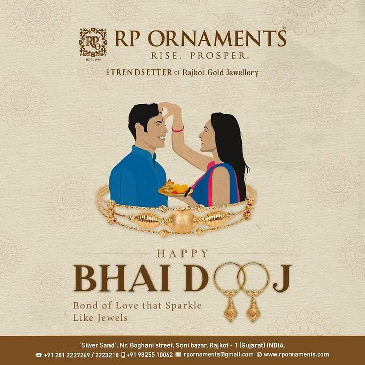 Bhai Dooj creative ad: Illustrated sister applying tilak to her brother, framed by a gold bangle