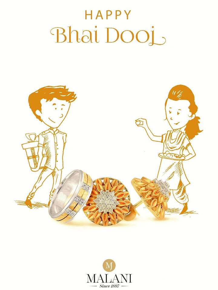 Bhai Dooj creative ad: Hand-sketched brother and sister with real gold ring and earrings in the foreground