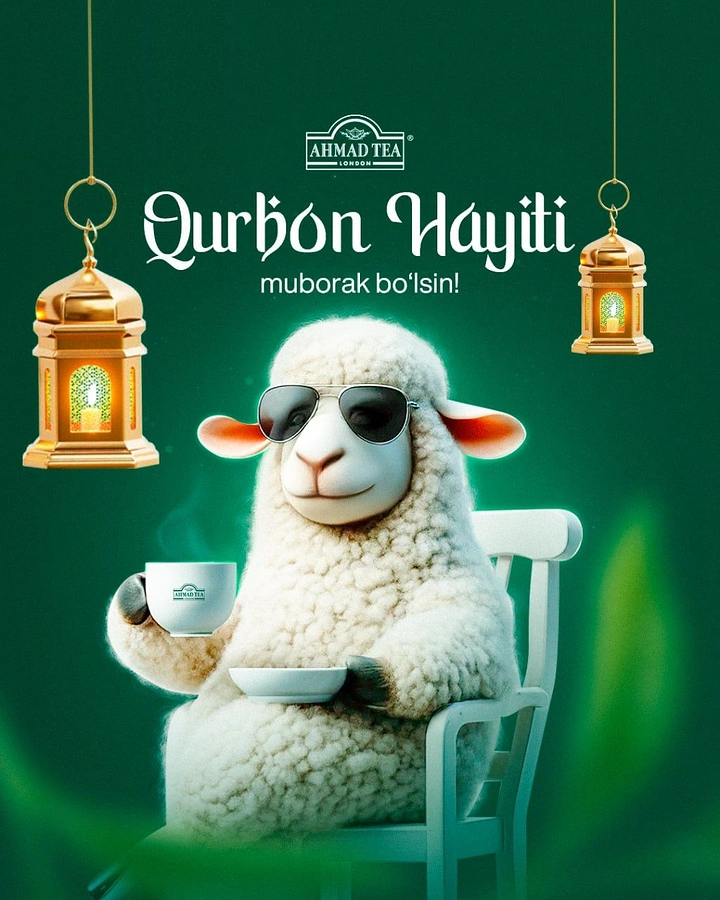 Eid creative ad: Fluffy sheep in aviator sunglasses sipping tea on a white chair