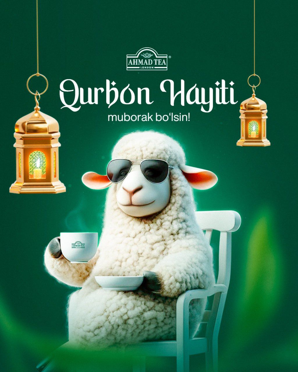 Fluffy sheep in aviator sunglasses sipping tea on a white chair