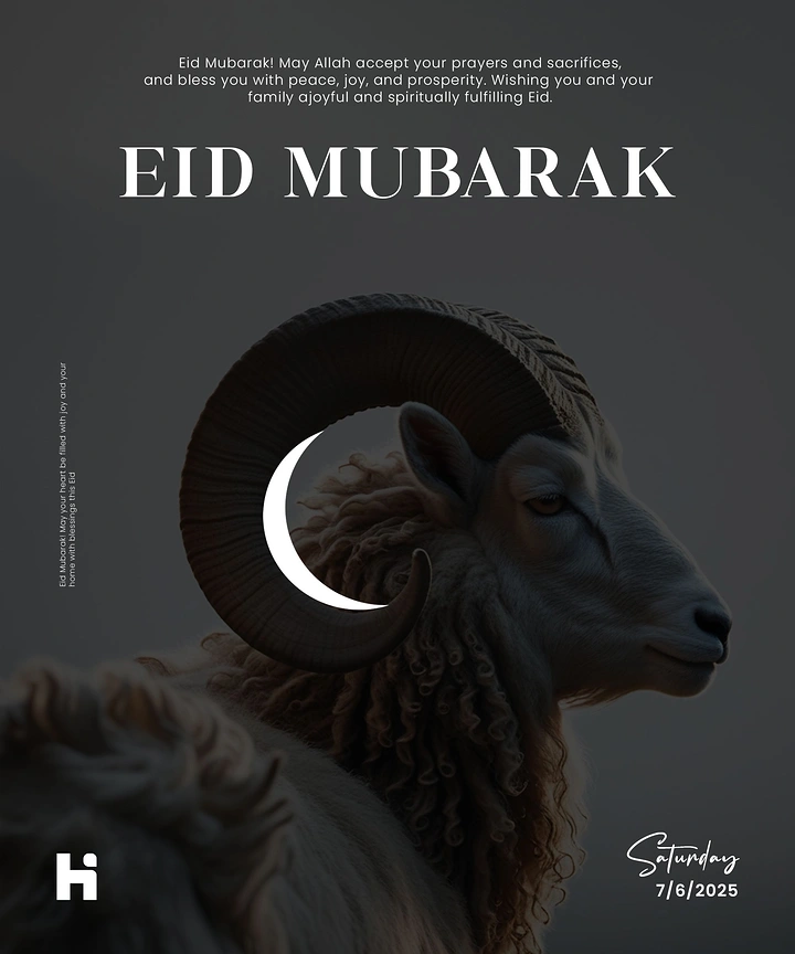 Eid creative ad: Ram in profile with a crescent moon inside its curled horn