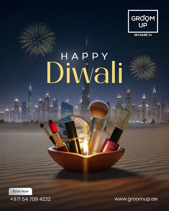 Diwali creative ad: Clay diya filled with makeup products in a desert at night