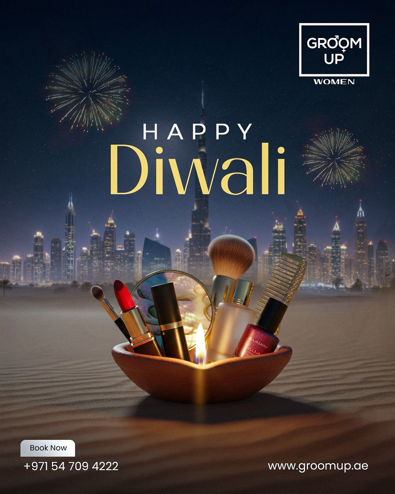 Diwali Instagram post: Clay diya filled with makeup products in a desert at night
