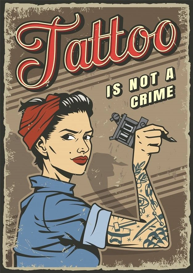 Tattoo Studios creative ad: Rosie the Riveter wielding tattoo machine