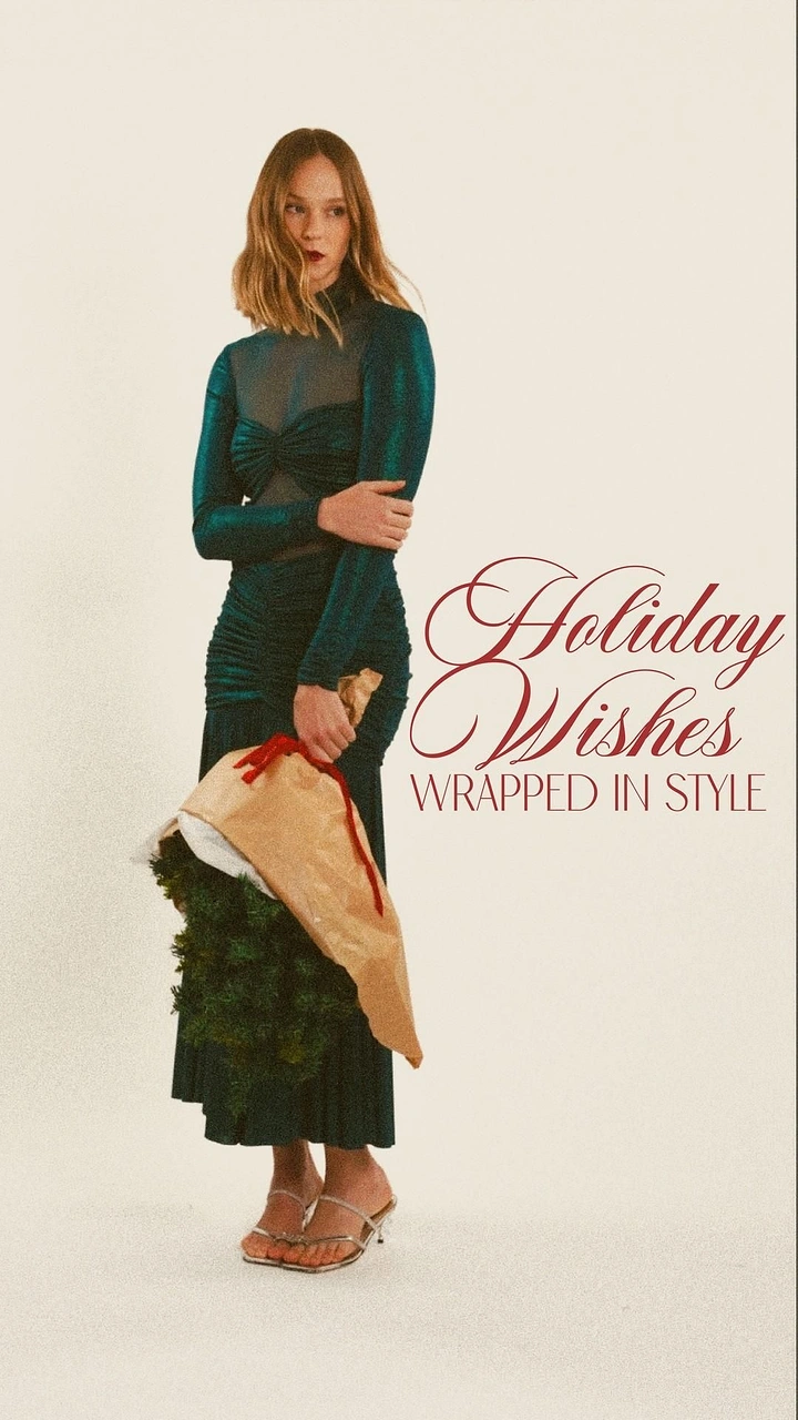 Christmas creative ad: Model in emerald ruched gown holding a paper-wrapped Christmas tree