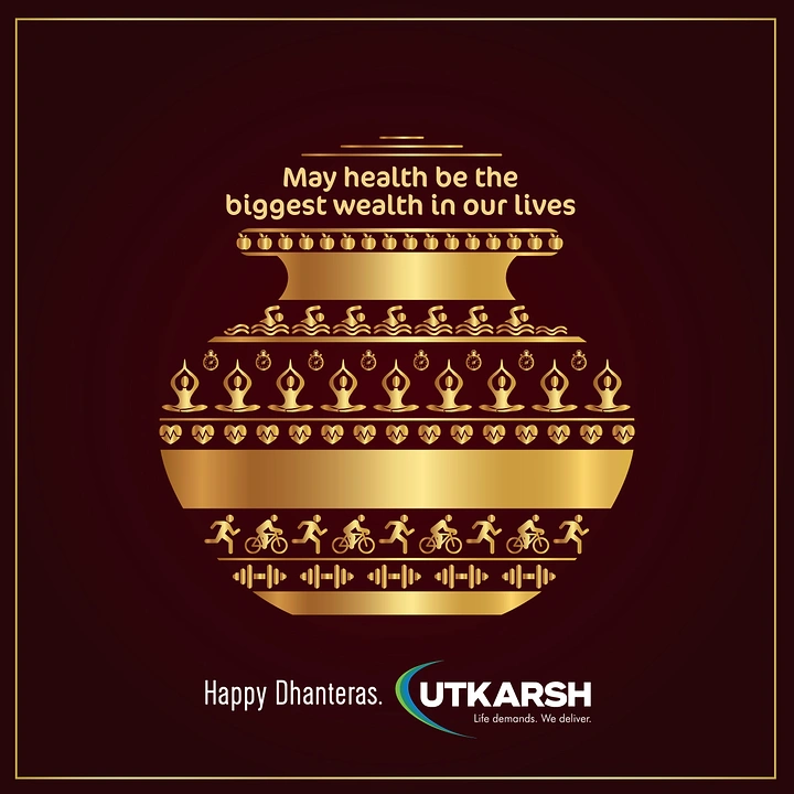 Dhanteras creative ad: Gold kalash pot built from fitness and health icon bands
