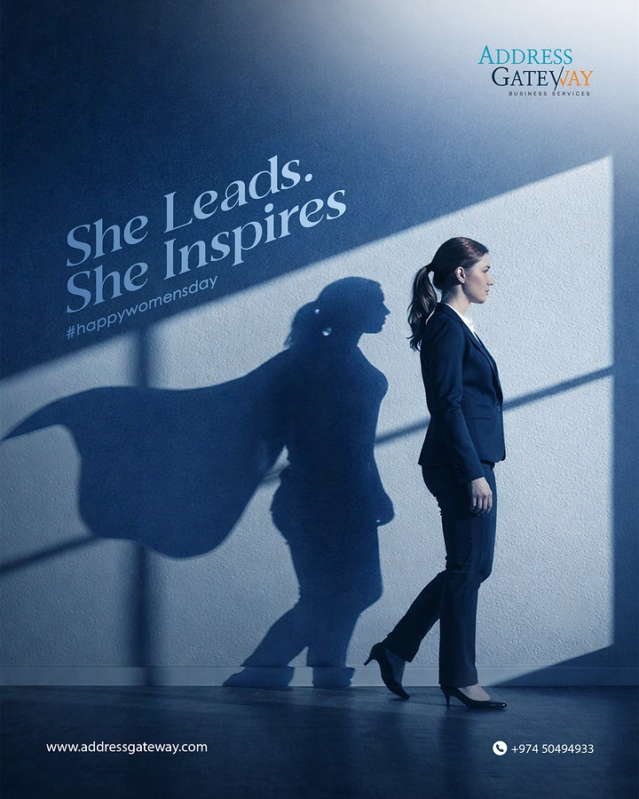 Women's Day creative ad: Businesswoman whose wall shadow wears a superhero cape