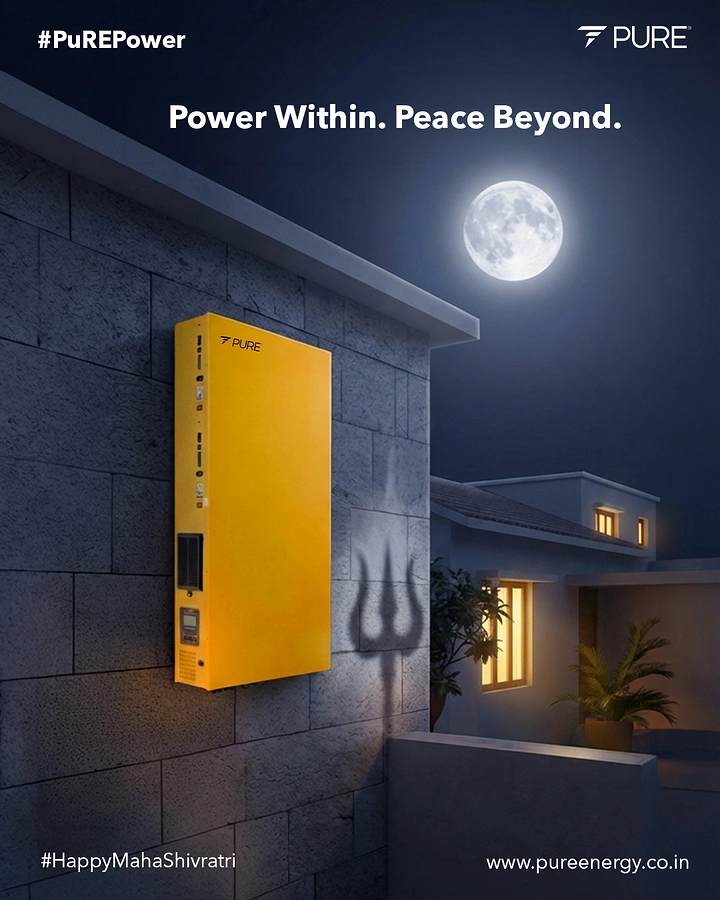 other-festival creative ad: Yellow wall-mounted home battery casting a trishul shadow under the full moon