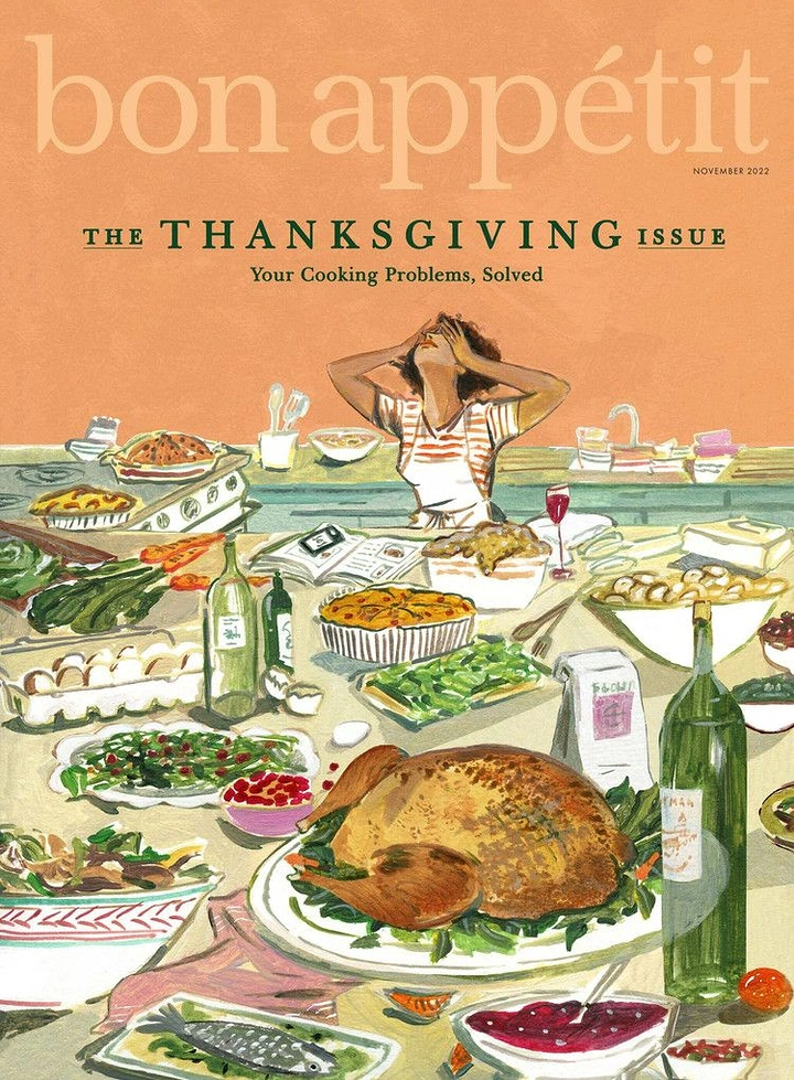 Thanksgiving creative ad: Overwhelmed cook behind a crowded Thanksgiving feast table