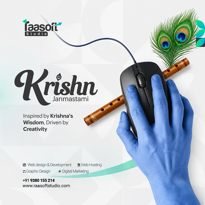 Janmashtami creative ad: Blue Krishna hand on a computer mouse over a flute and peacock feather