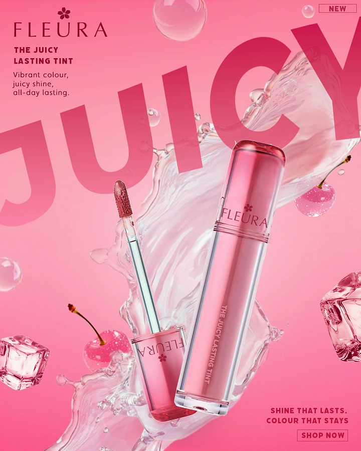 Creative ad: Pink lip tint bottle and wand in a clear liquid splash